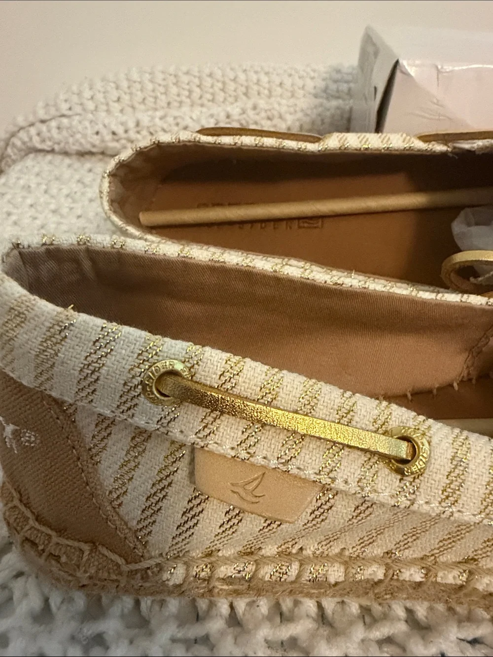 Sperry women’s Gold-Striped White Espadrille Boat Shoes